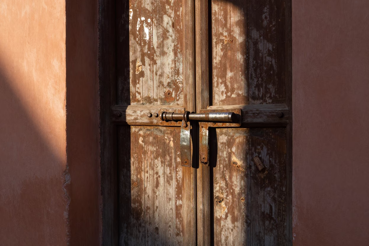 First Light Illuminating Rusty Latch and Brushed Steel Basin in Traditional Marrakech Courtyard in in Marrakech, Morocco