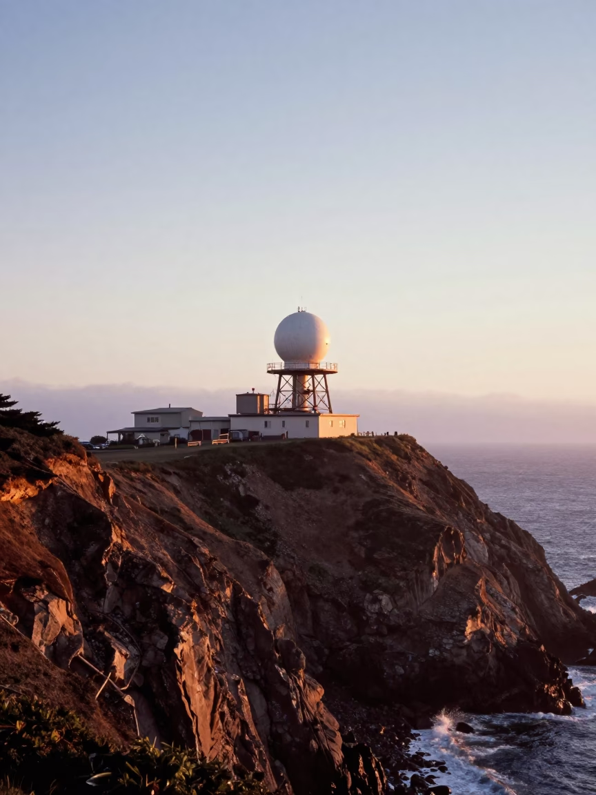 First Light Illuminating San Francisco Coastal Bluff Weather Radar Installation in California in in San Francisco, California, United States