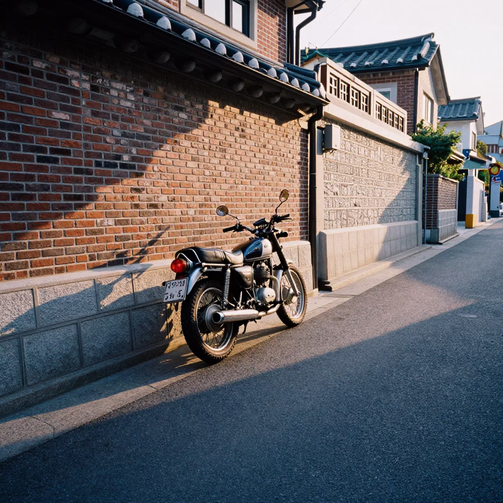 First Light Illuminating Seoul Street Scene with Vintage Motorcycle and Traditional Korean Architecture in in Seoul, South Korea