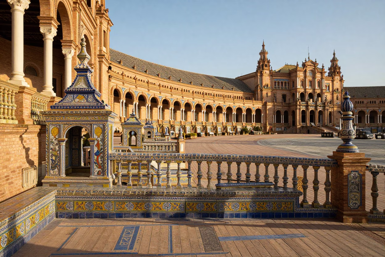 First Light Illuminating Seville Plaza de España Ceramics and Street Life in in Seville, Spain