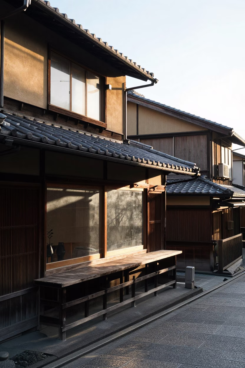First Light Illuminating Traditional Kyoto Street Scene with Metal Stools and Sunlight in in Kyoto, Japan