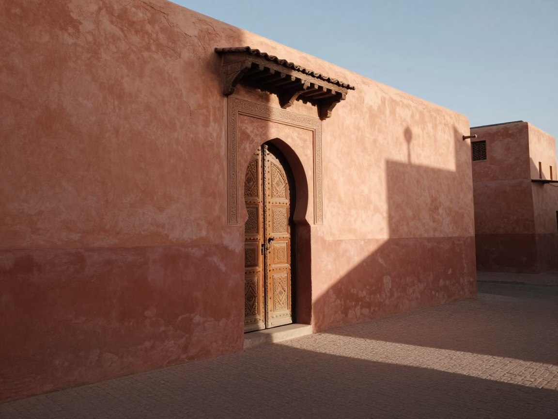 First light illuminating traditional Moroccan architecture and street life in Marrakech in in Marrakech, Morocco