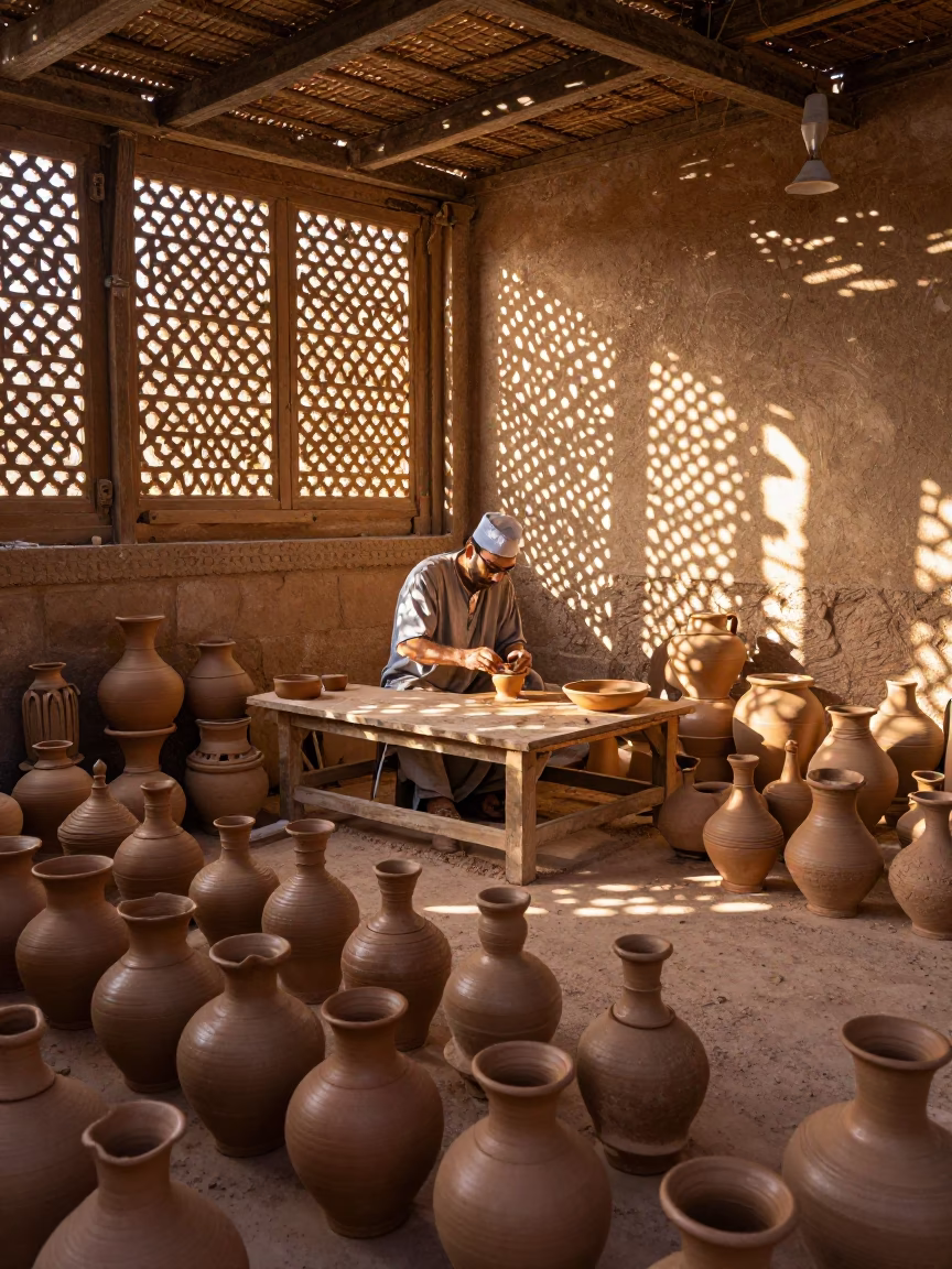 First Light Illuminating Traditional Moroccan Pottery and Clay Pots in Fez Medina Workshop in in Fez, Morocco