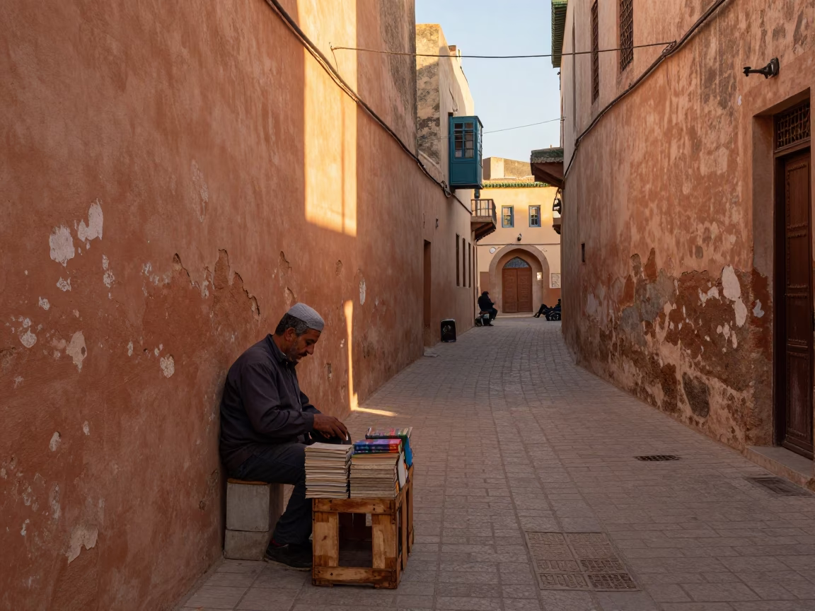 First Light Illuminating Traditional Tunisian Medina Street with Vintage Paperbacks and Local Daily Life in in Tunis, Tunisia