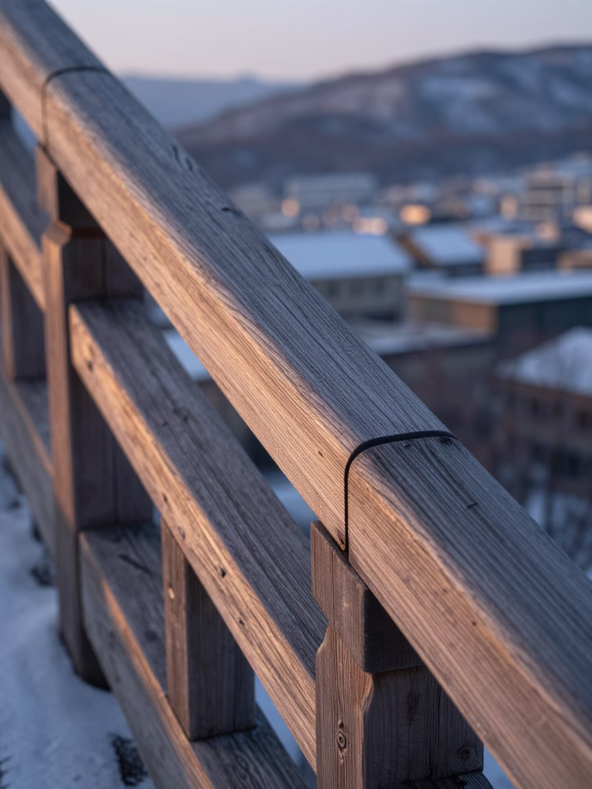 First Light Illuminating Traditional Wooden Stair Rail in Sapporo Japan Morning Street Scene in in Sapporo, Japan
