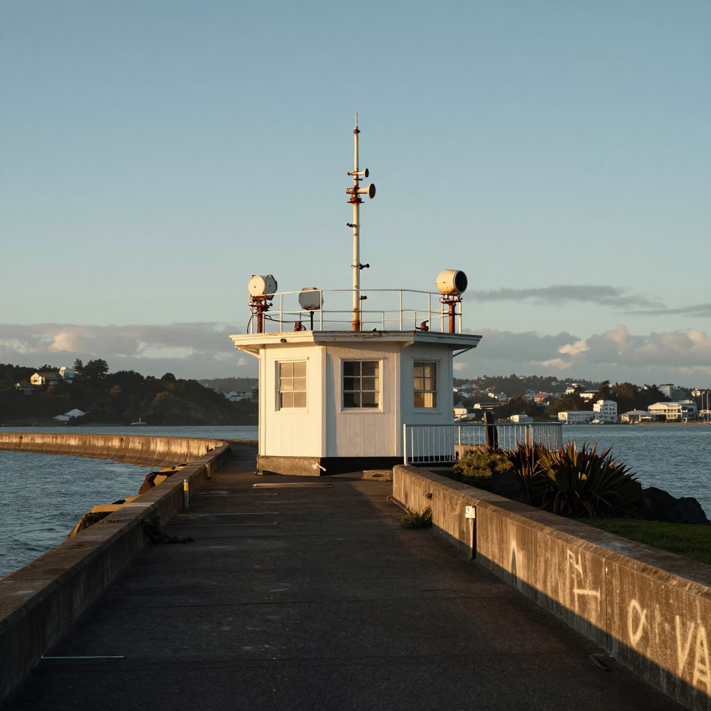 First Light Illuminating Weathered Instruments on Wellington New Zealand Weather Station Levee in in Wellington, New Zealand