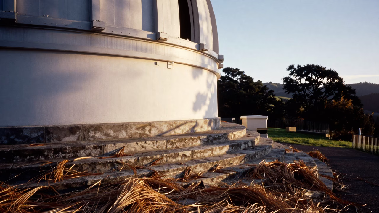 First Light Illuminating Windblown Cedar Needles at Observatory Threshold in Wellington New Zealand in in Wellington, New Zealand