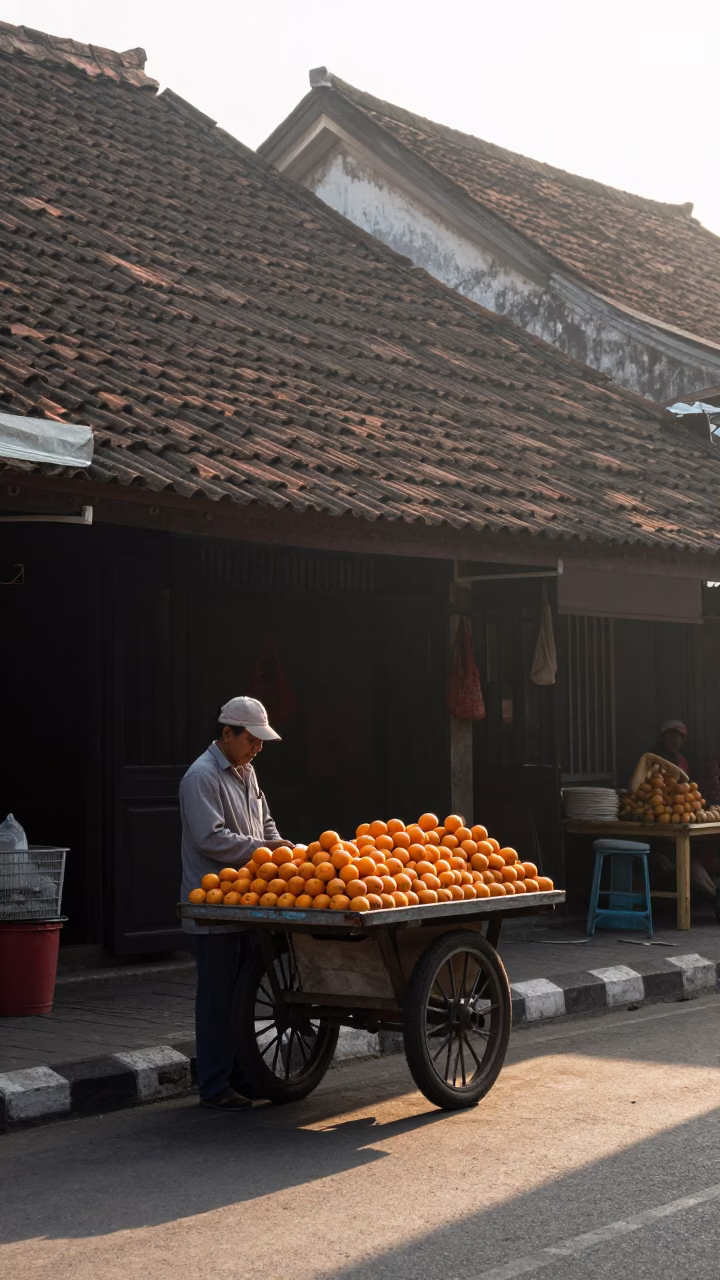 First Light Illuminating Yogyakarta Street Scene with Nectarines and Local Market Activity in in Yogyakarta, Indonesia
