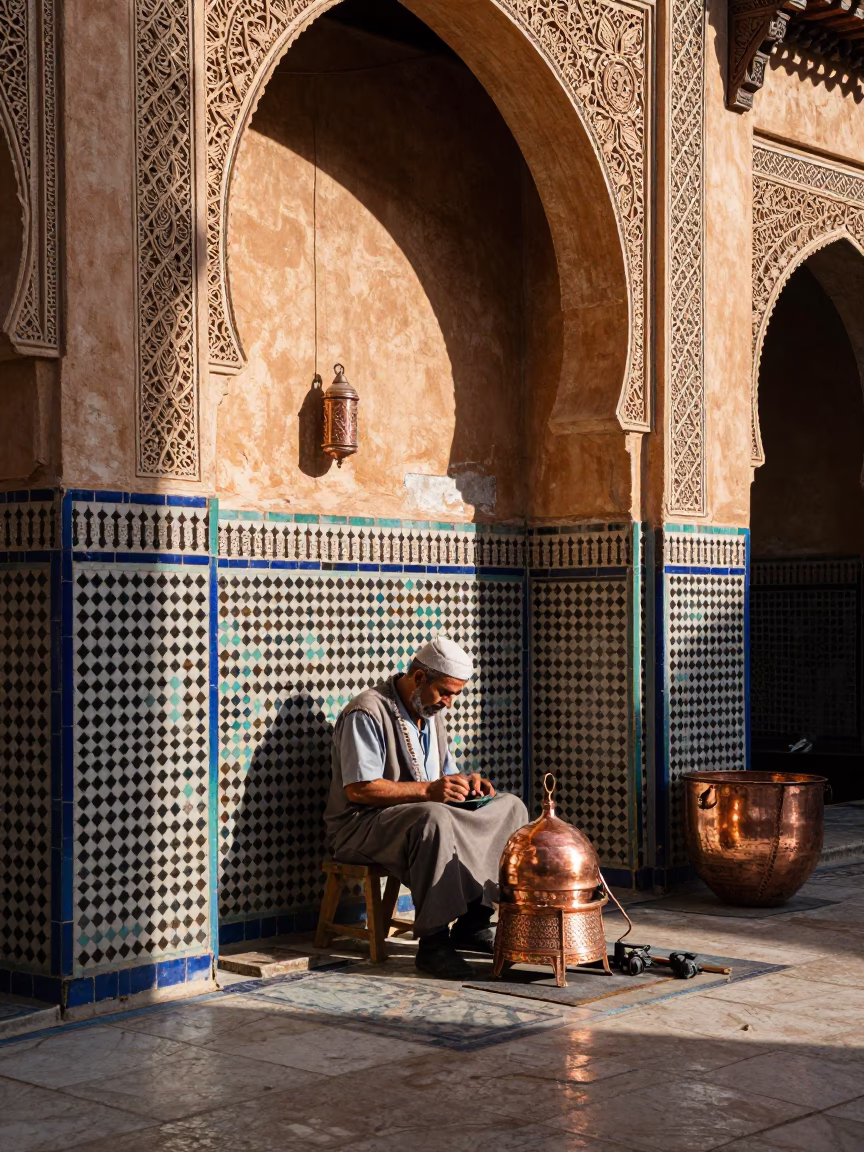 First Light Illuminating Zellige Tilework and Copper Artisans in Fez Medina Morocco in in Fez, Morocco