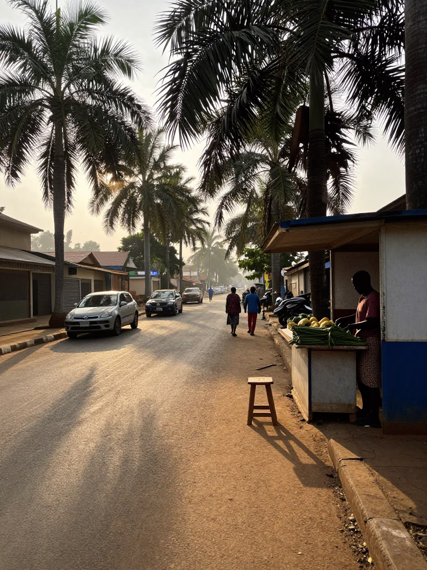 First Light in Accra Ghana Street Scene with Stool and Local Interaction in in Accra, Ghana