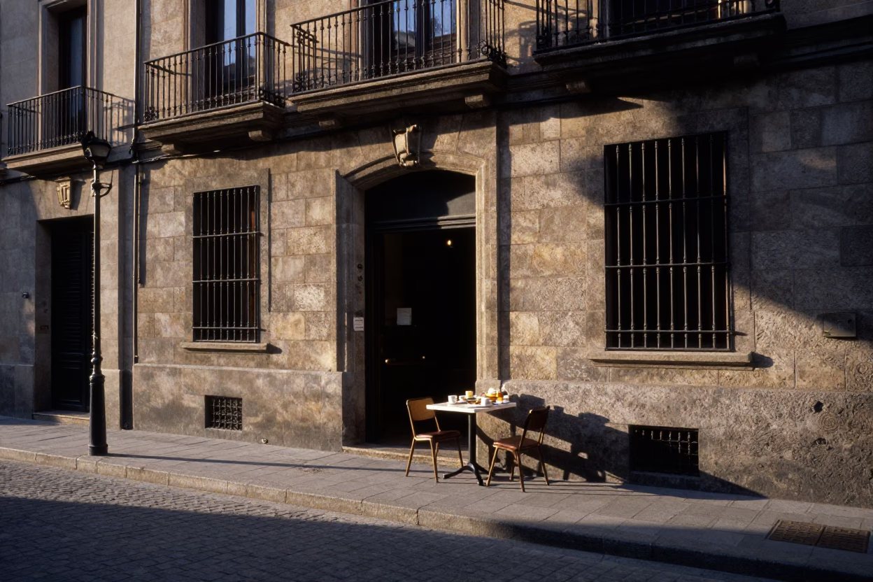 First light in Barcelona Spain street scene with local breakfast and tea stains in in Barcelona, Spain