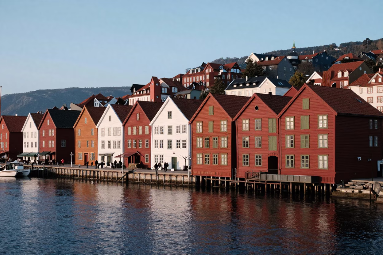 First Light in Bergen Norway Reveals Historic Bryggen Wharf and Colorful Hanseatic Leaning Houses in in Bergen, Norway