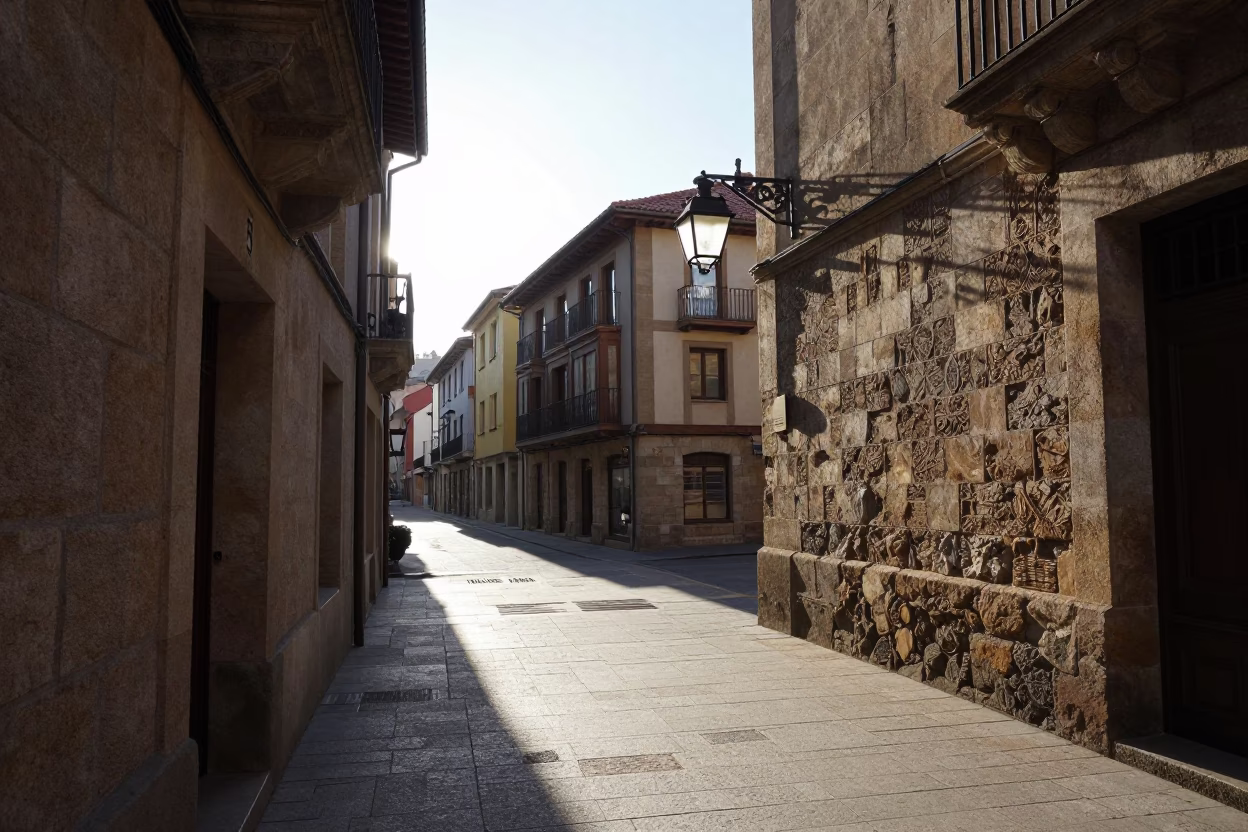 First light in Bilbao Spain street scene with lantern and glass tumblers in in Bilbao, Spain