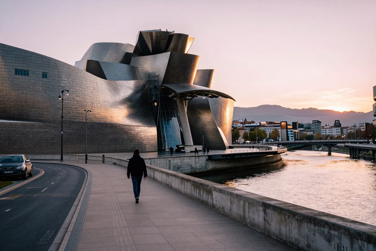 First Light in Bilbao Spain Street Scene with Traditional Bridge and Local Life in in Bilbao, Spain
