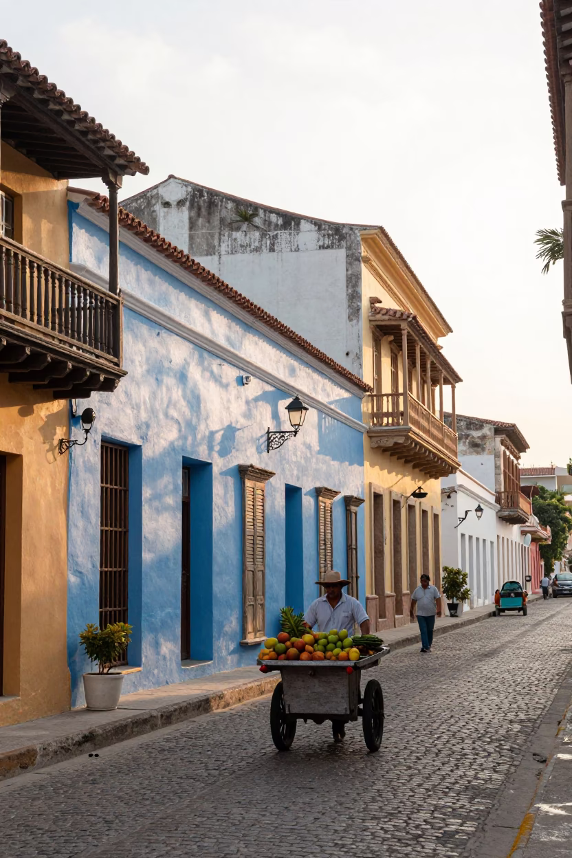 First Light in Cartagena Colombia with Colorful Colonial Architecture and Street Life in in Cartagena, Colombia