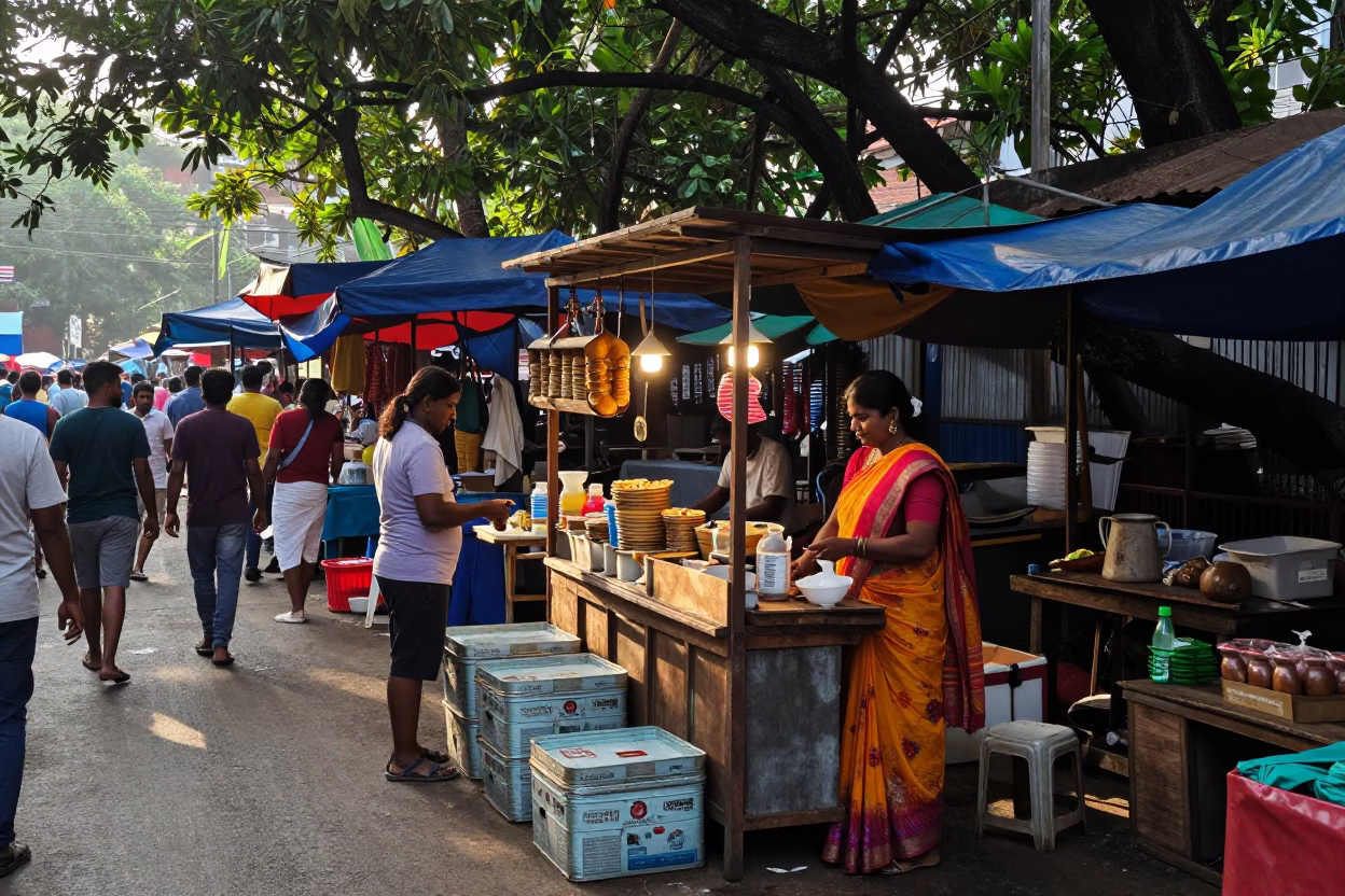 First Light in Chennai Street Market with Tin Box and Dish Brushes in in Chennai, India