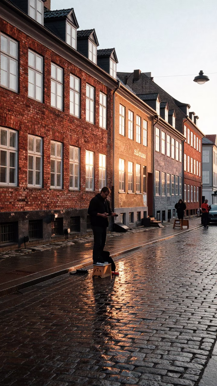 First Light in Copenhagen at As First Light Reaches The Scene in in Copenhagen, Denmark