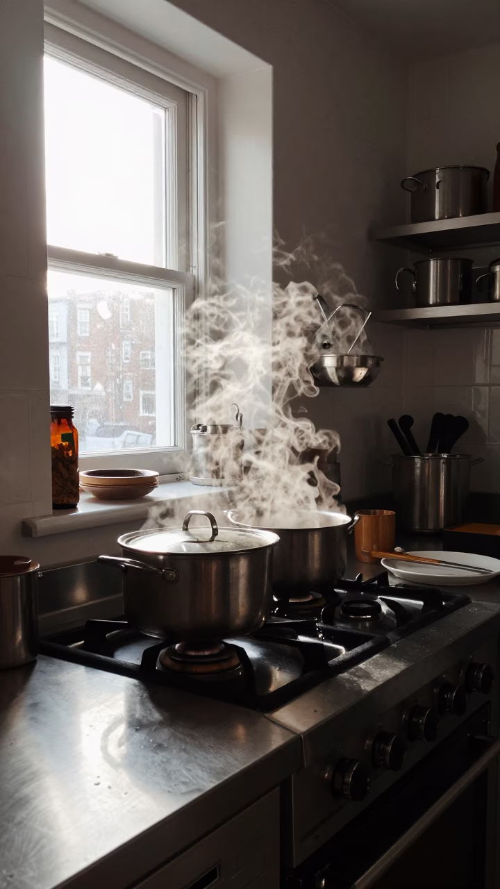First Light in Dublin Kitchen with Steam and Stainless Steel Reflections in in Dublin, Ireland