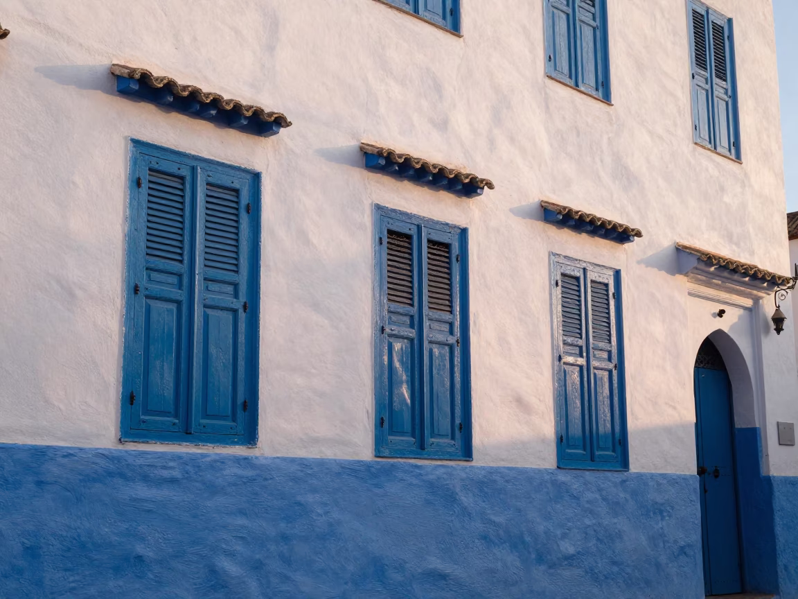 First Light in Essaouira Morocco Blue Whitewashed Walls and Wooden Shutters in in Essaouira, Morocco