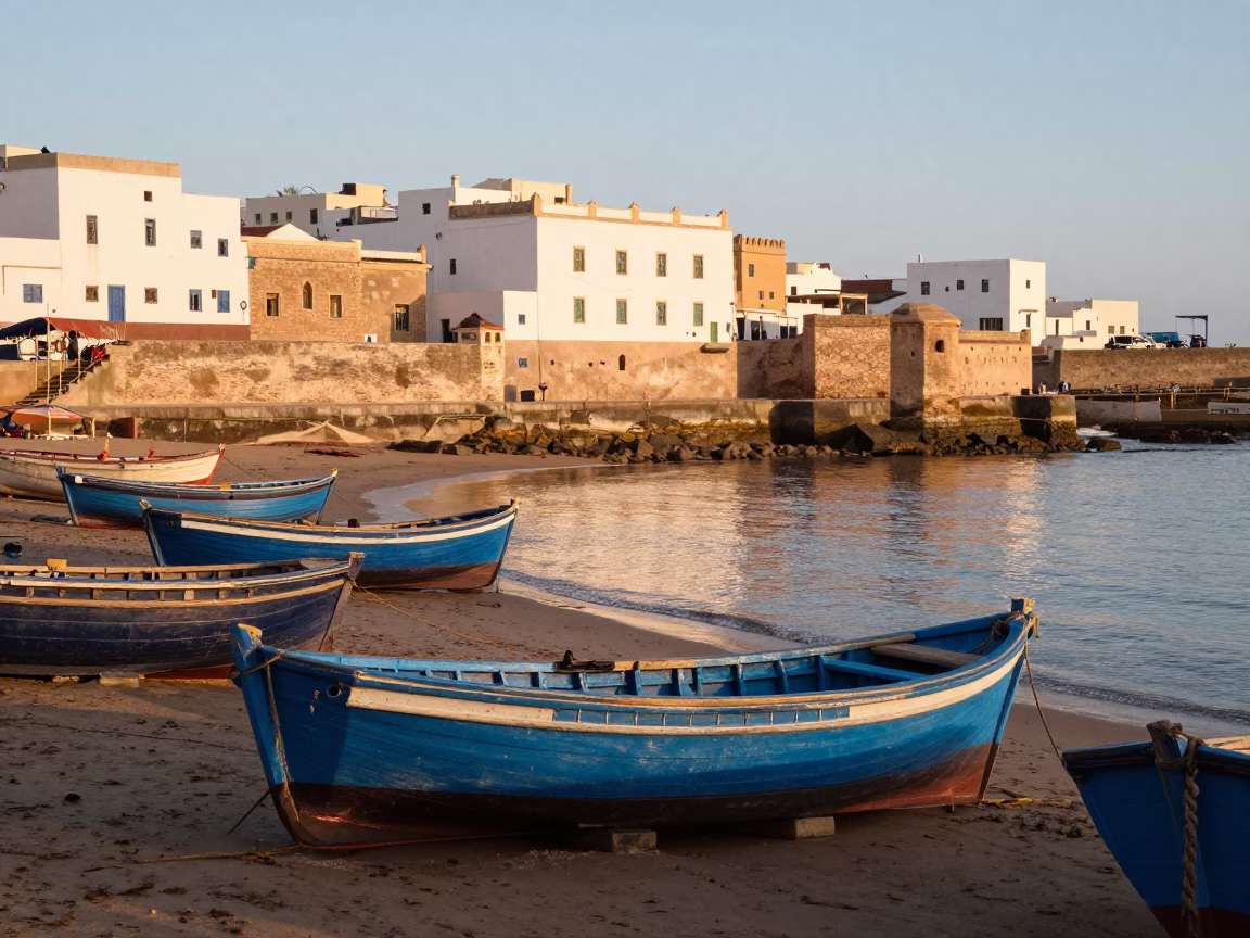 First Light in Essaouira Morocco Coastal Harbor Scene with Wooden Fishing Boats in in Essaouira, Morocco