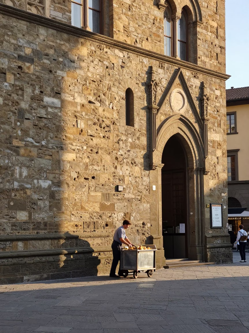 First light in Florence Italy illuminates historic stone architecture and morning street life in in Florence, Italy