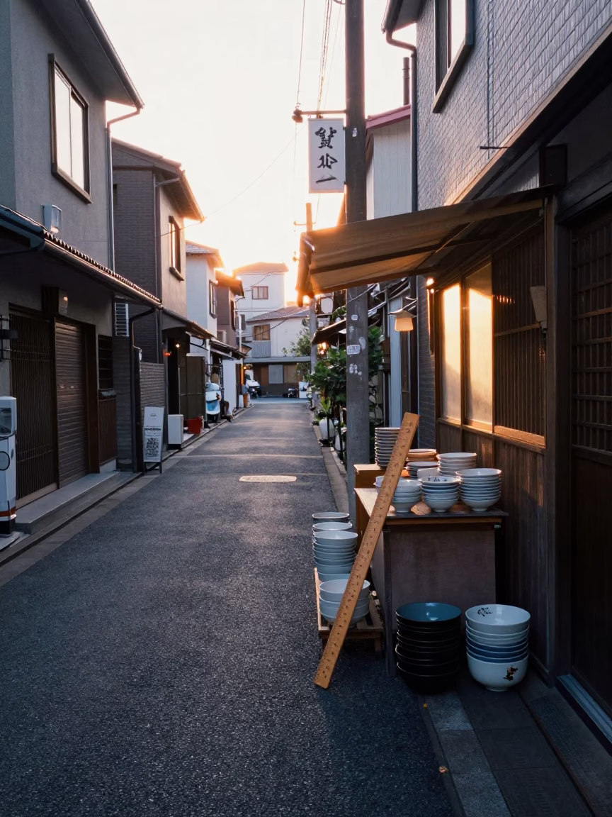 First Light in Fukuoka Japan Street Scene with Wooden Ruler and Carafe in in Fukuoka, Japan