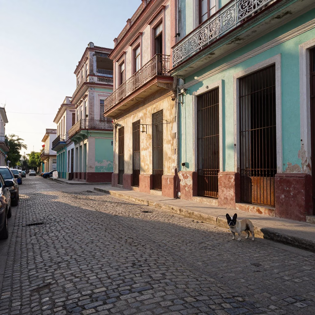 First Light in Havana Cuba Street Scene with French Bulldog and Local Architecture in in Havana, Cuba