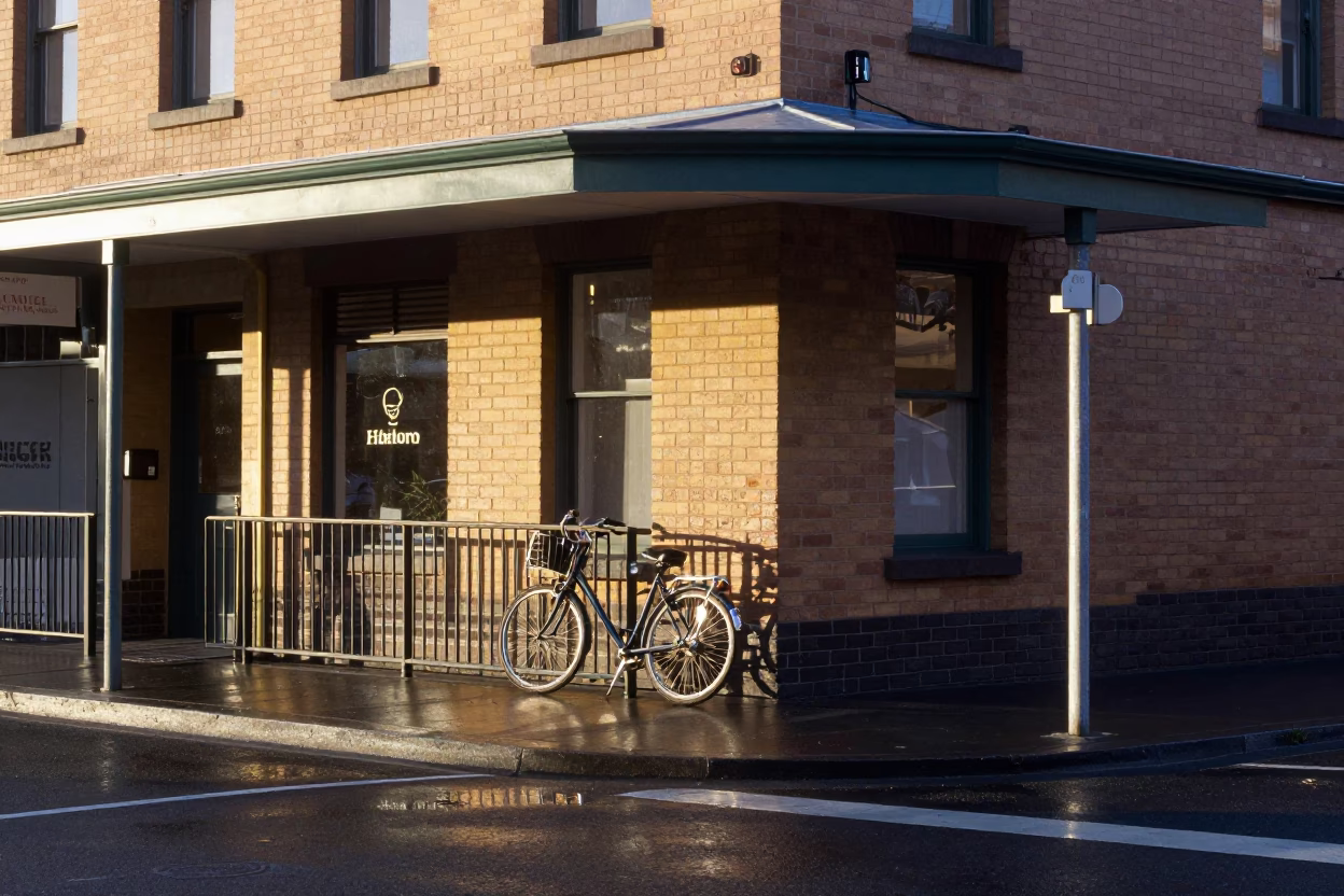 First Light in Hobart Tasmania Street Scene with Bicycle and Puddle Reflections in in Hobart, Tasmania, Australia