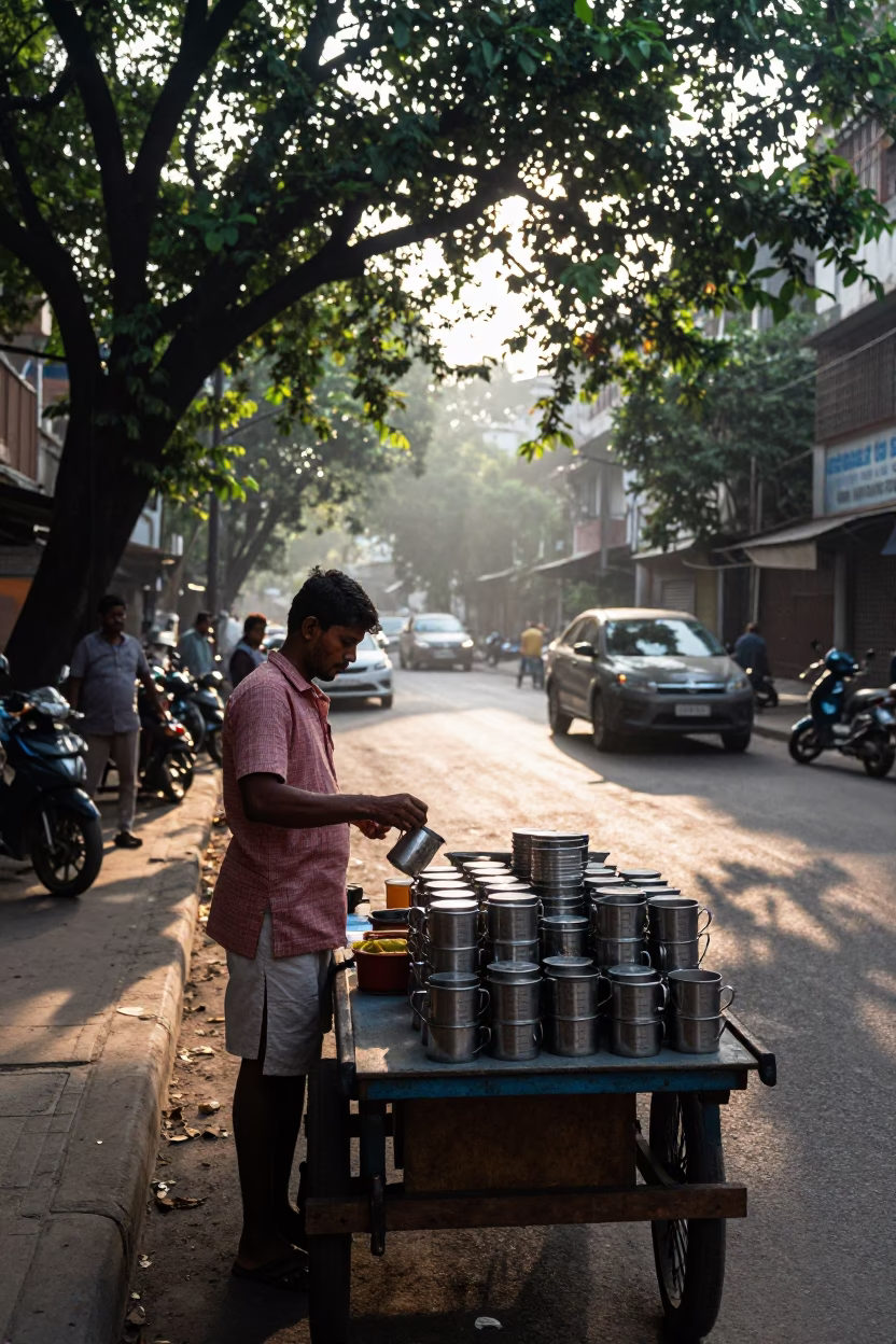 First Light in Kolkata Street with Measuring Cups and Tea Stains in in Kolkata, India