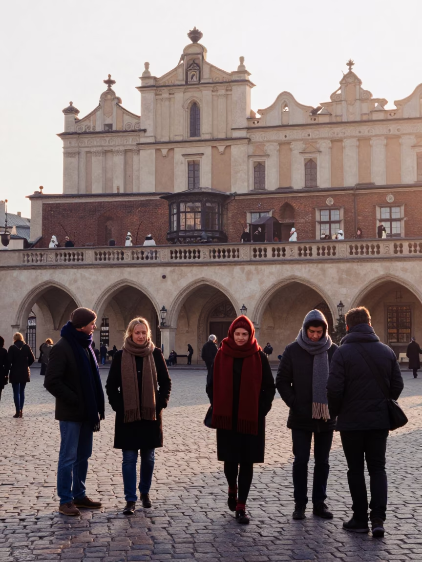 First Light in Krakow Poland Street Scene with Wool Scarves and Urban Details in in Krakow, Poland