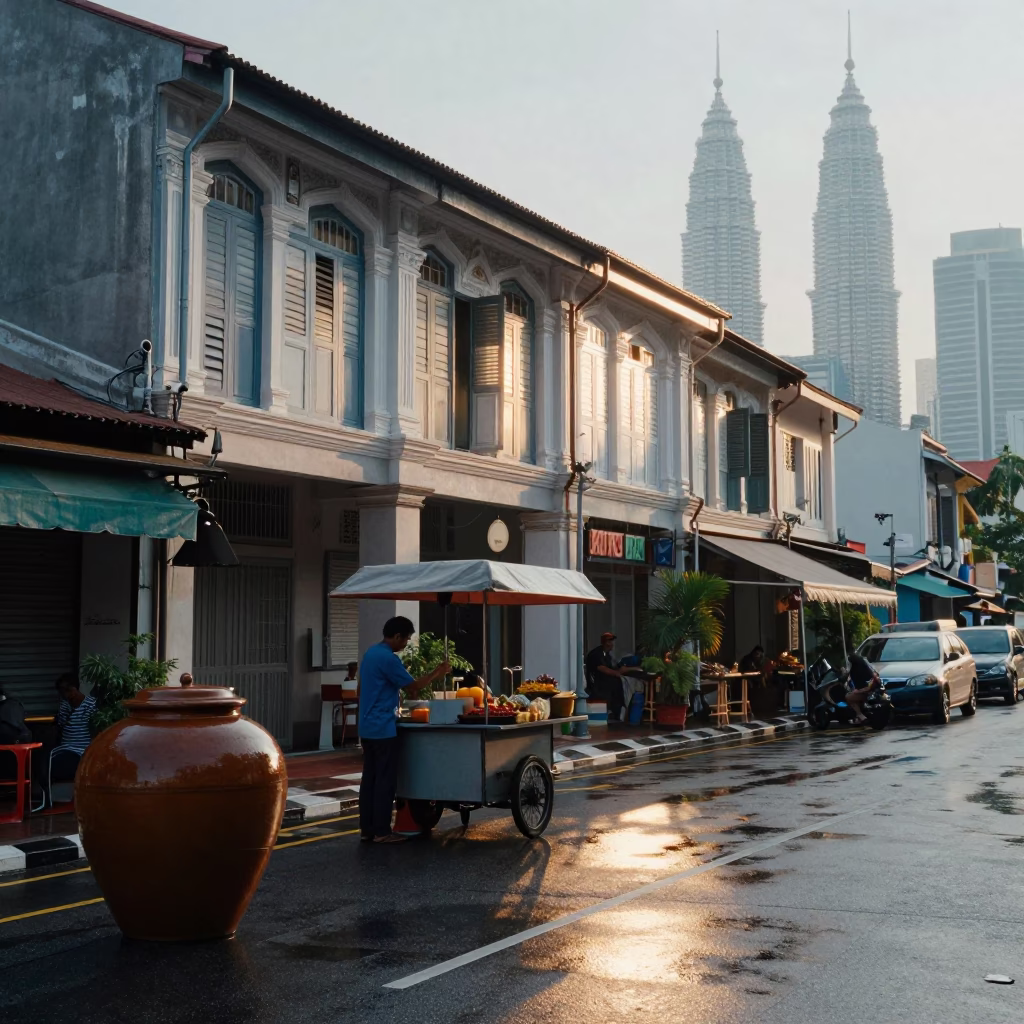 First Light in Kuala Lumpur Street Scene with Spice Jar and Pastries in in Kuala Lumpur, Malaysia