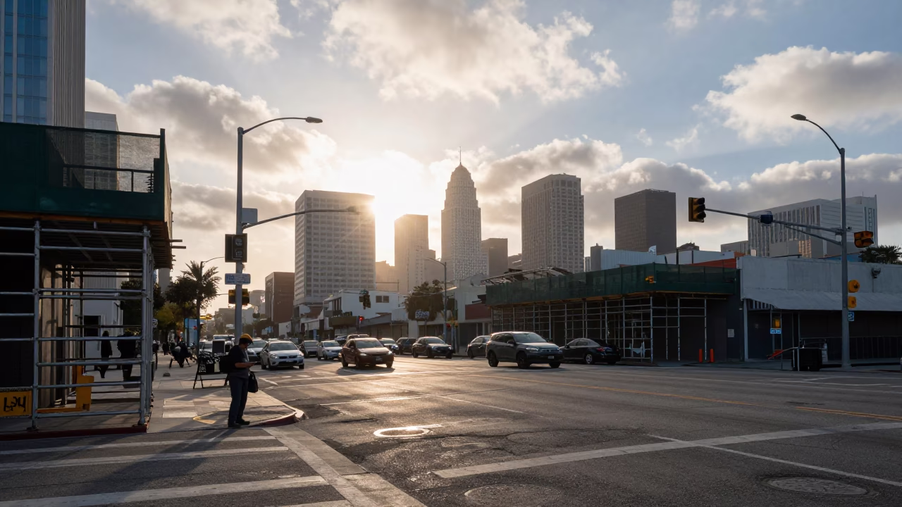 First Light in Los Angeles at As First Light Reaches The Scene in in Los Angeles, California, United States