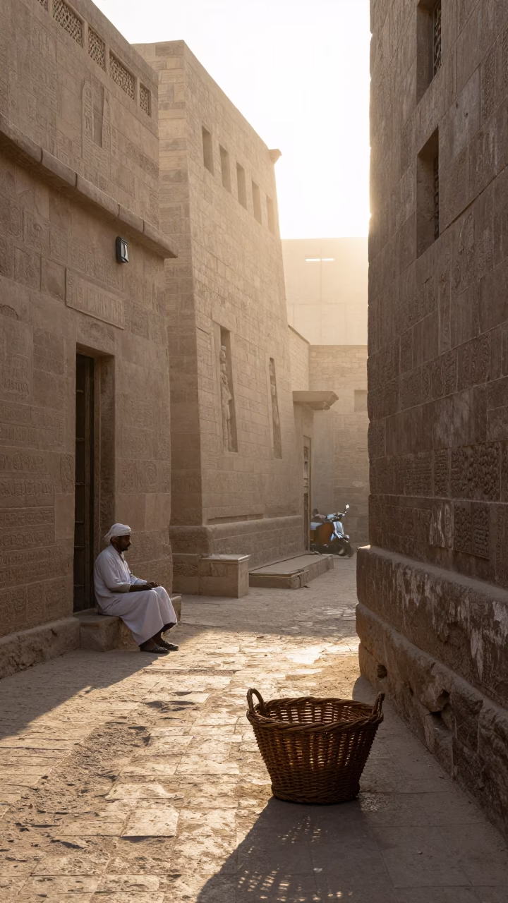 First Light in Luxor Egypt Street Scene with Wicker Hamper and Traditional Market Activity in in Luxor, Egypt