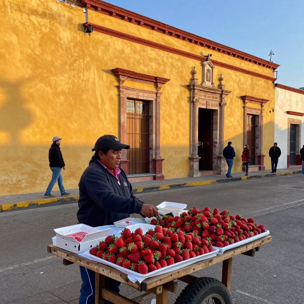 First light in Merida Mexico street vendor with fresh strawberries and traditional broom in in Merida, Mexico