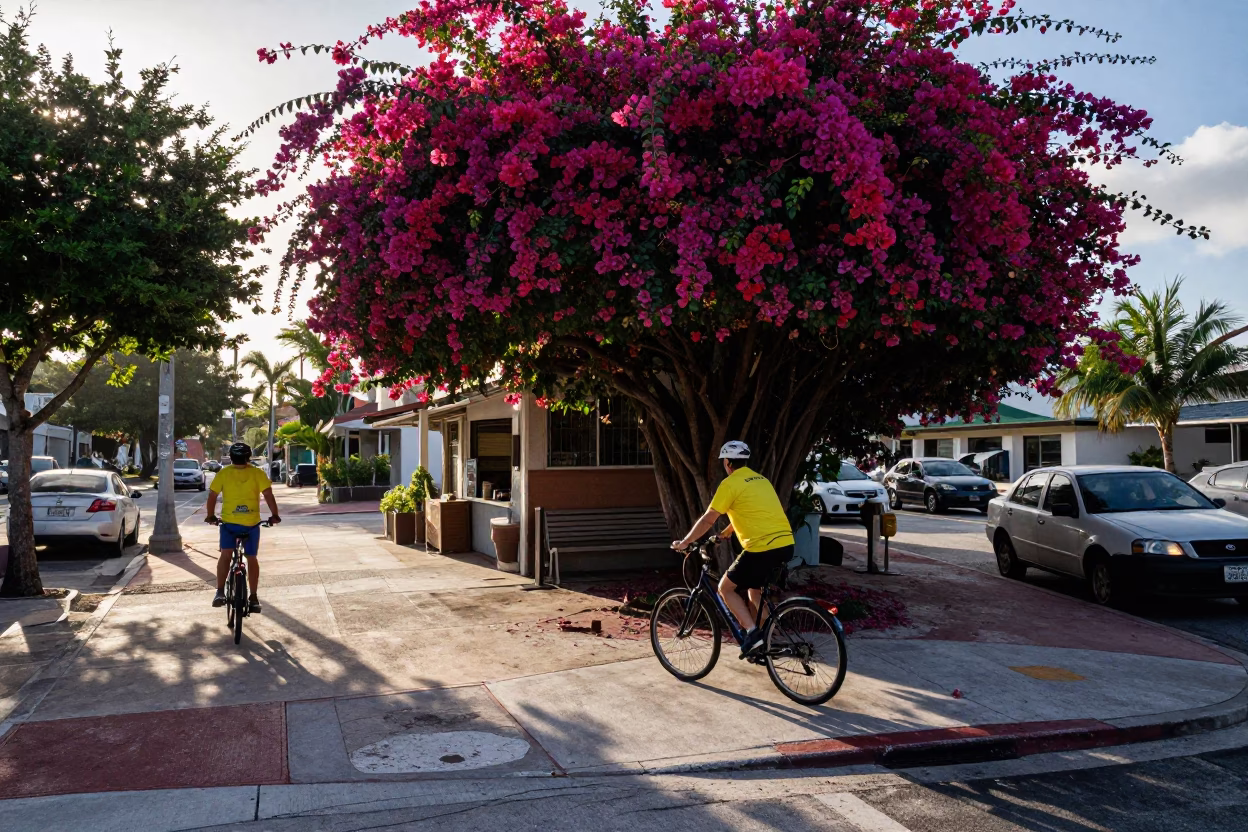 First Light in Miami Florida Street Scene with Cyclist and Bougainvillea in in Miami, Florida, United States