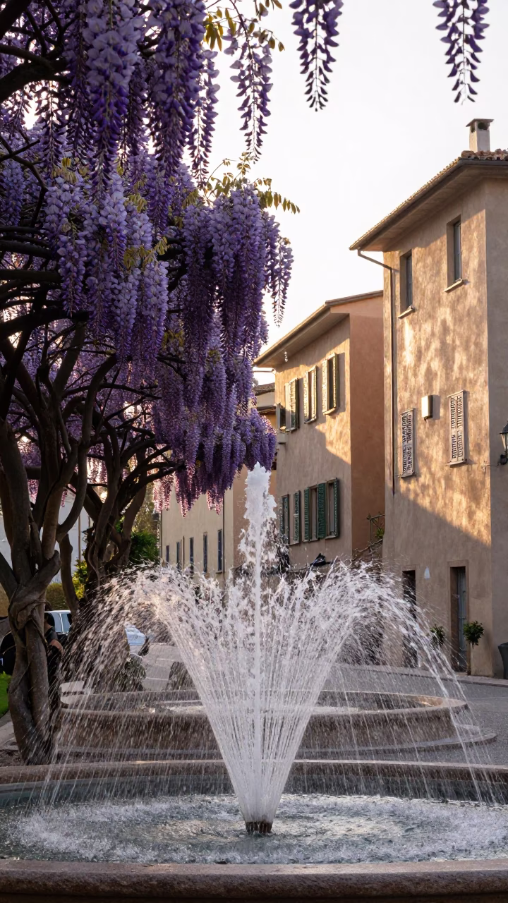 First Light in Naples Italy Wisteria Tunnel and Fountain Spray at Dawn in in Naples, Italy