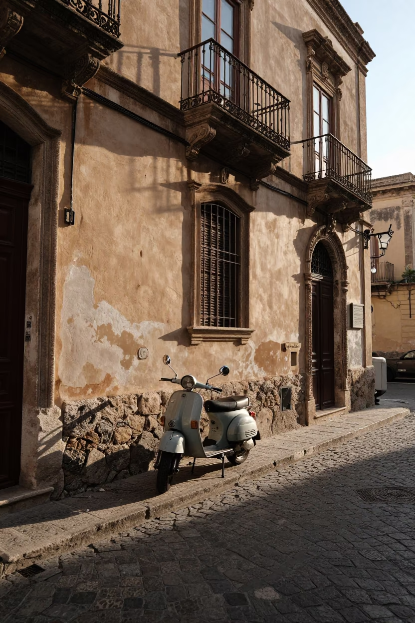 First light in Palermo Italy historic street with vintage scooter and local market details in in Palermo, Italy