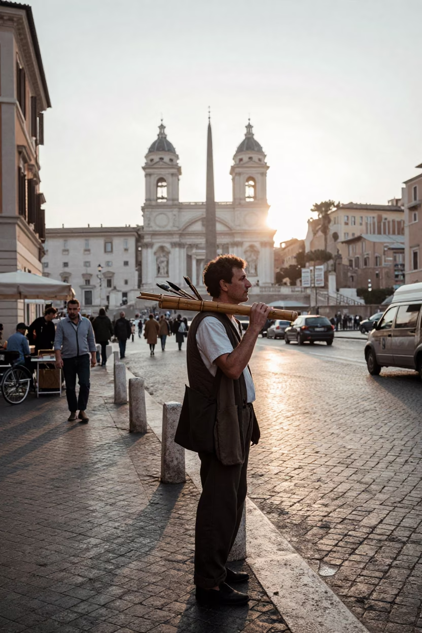 First Light in Rome Italy Street Scene with Vintage 1960s Aesthetic and Local Details in in Rome, Italy