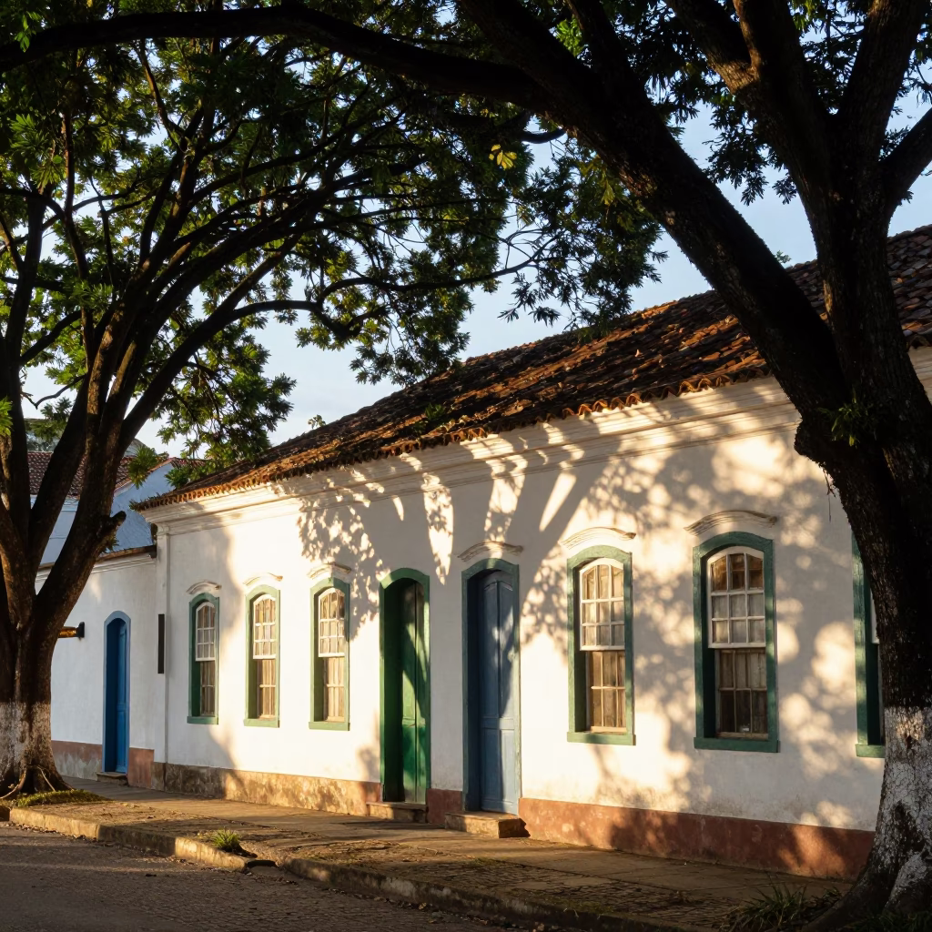 First Light in Salvador Brazil Street Scene with Dappled Leaf Shadows on Plaster Walls in in Salvador, Brazil