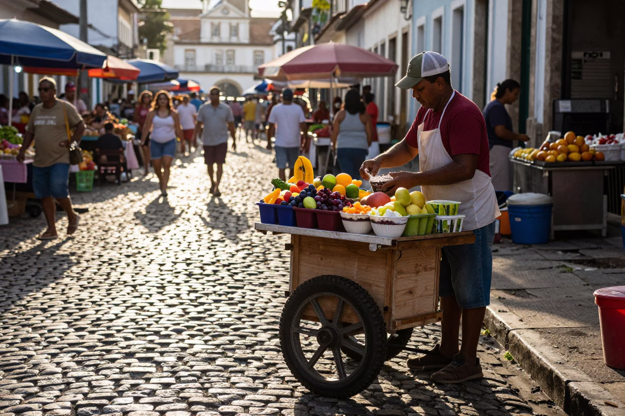 First Light in Salvador Brazil Street Vendor Acai Bowl and Cobblestone Market Morning in in Salvador, Brazil