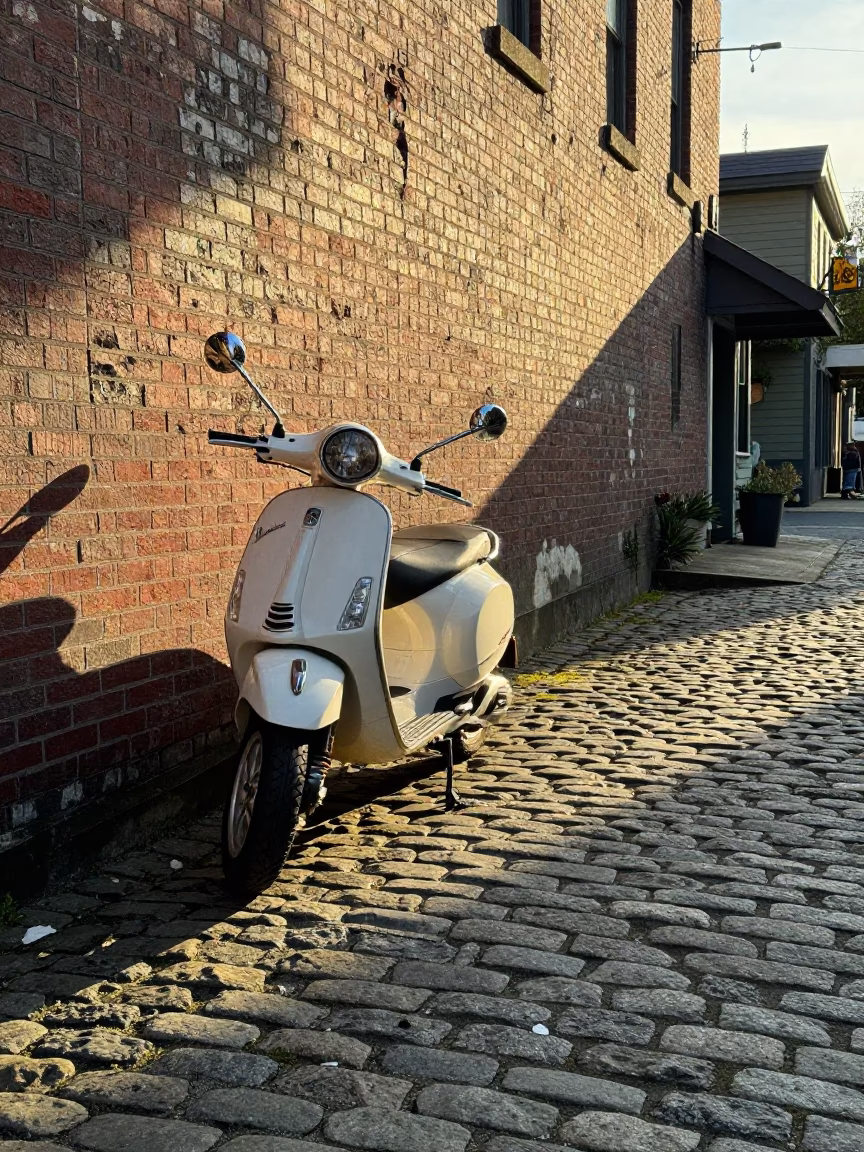 First Light in Seattle Washington Reveals Vintage Vespa and Cobblestone Lane Atmosphere in in Seattle, Washington, United States