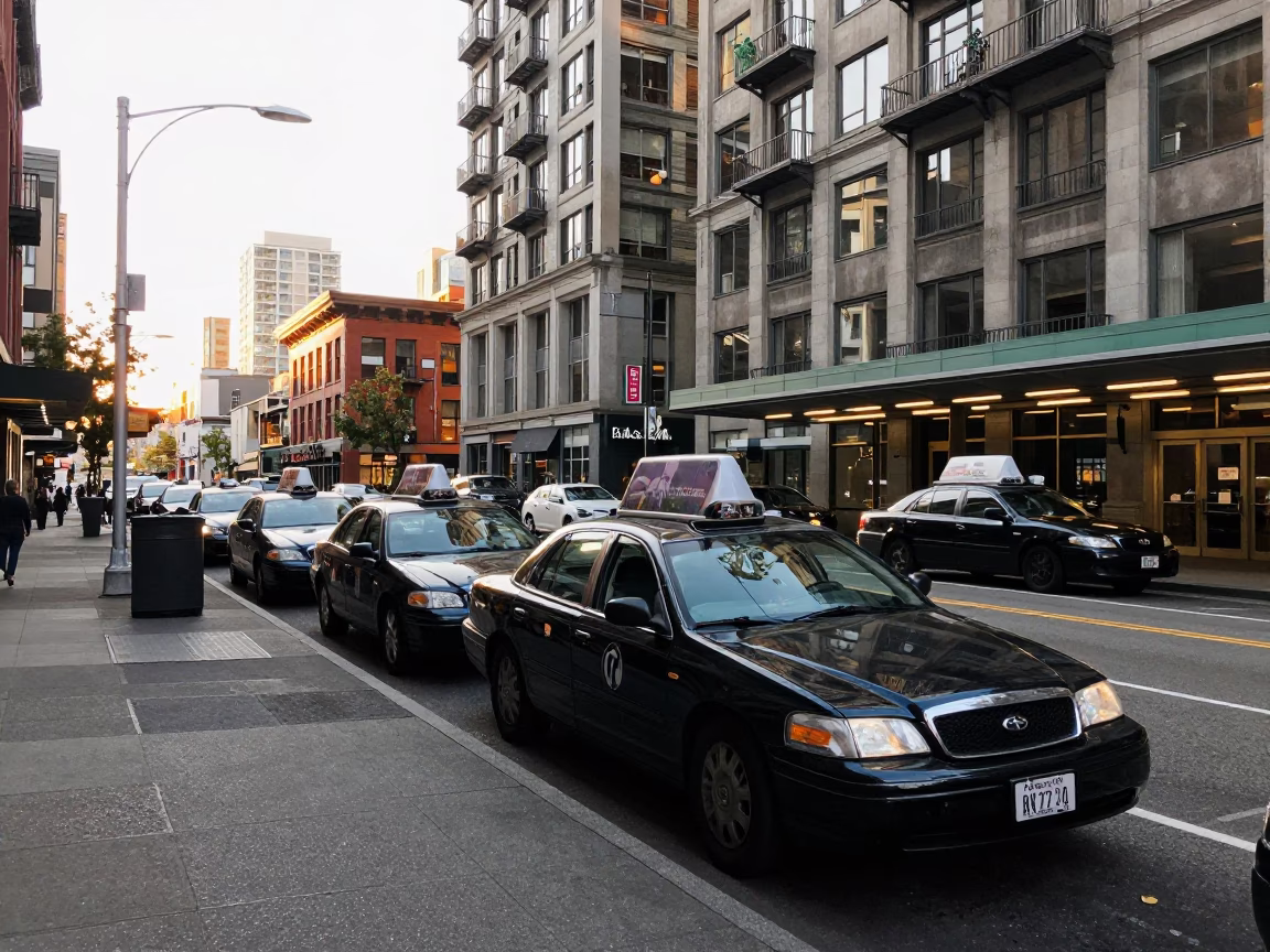 First Light in Seattle Washington Street Scene with Taxi Rank and Urban Morning Atmosphere in in Seattle, Washington, United States