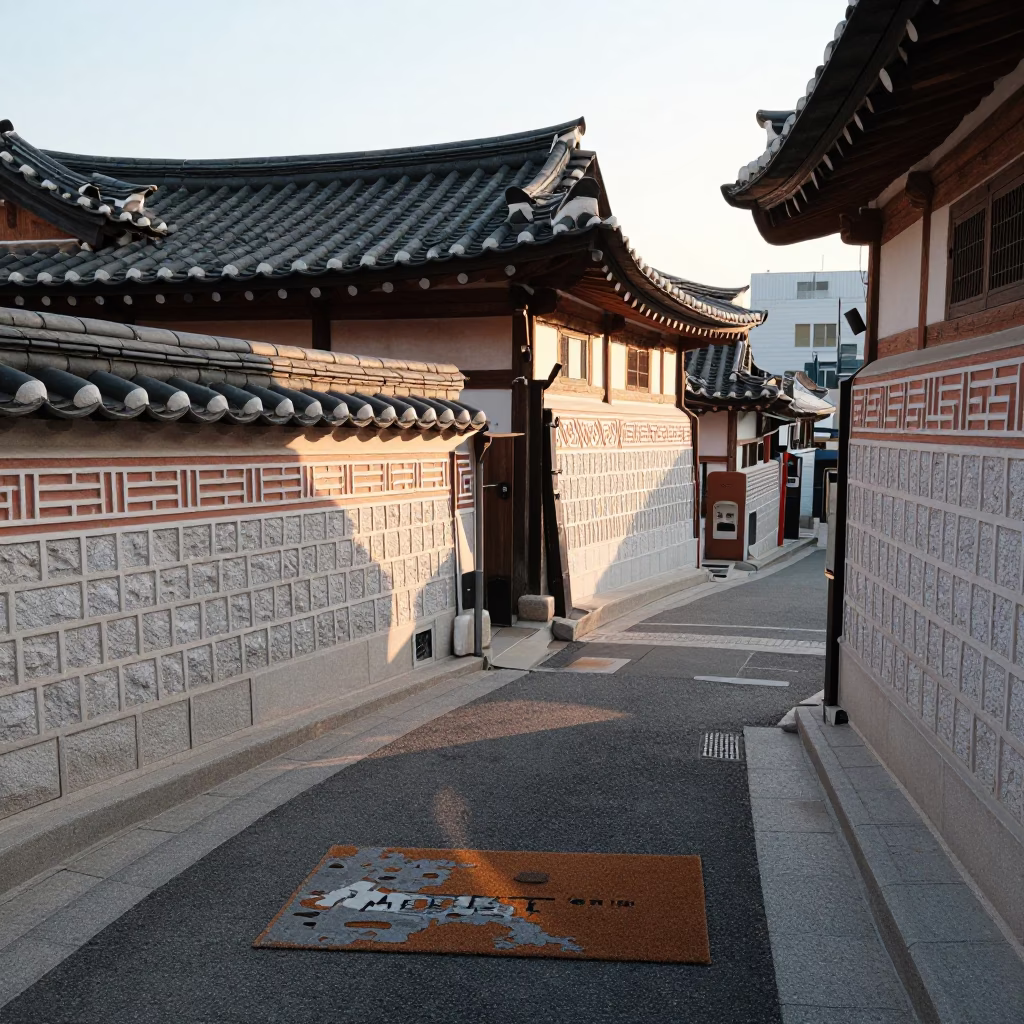 First Light in Seoul South Korea Street Scene with Doormat and Urban Life in in Seoul, South Korea