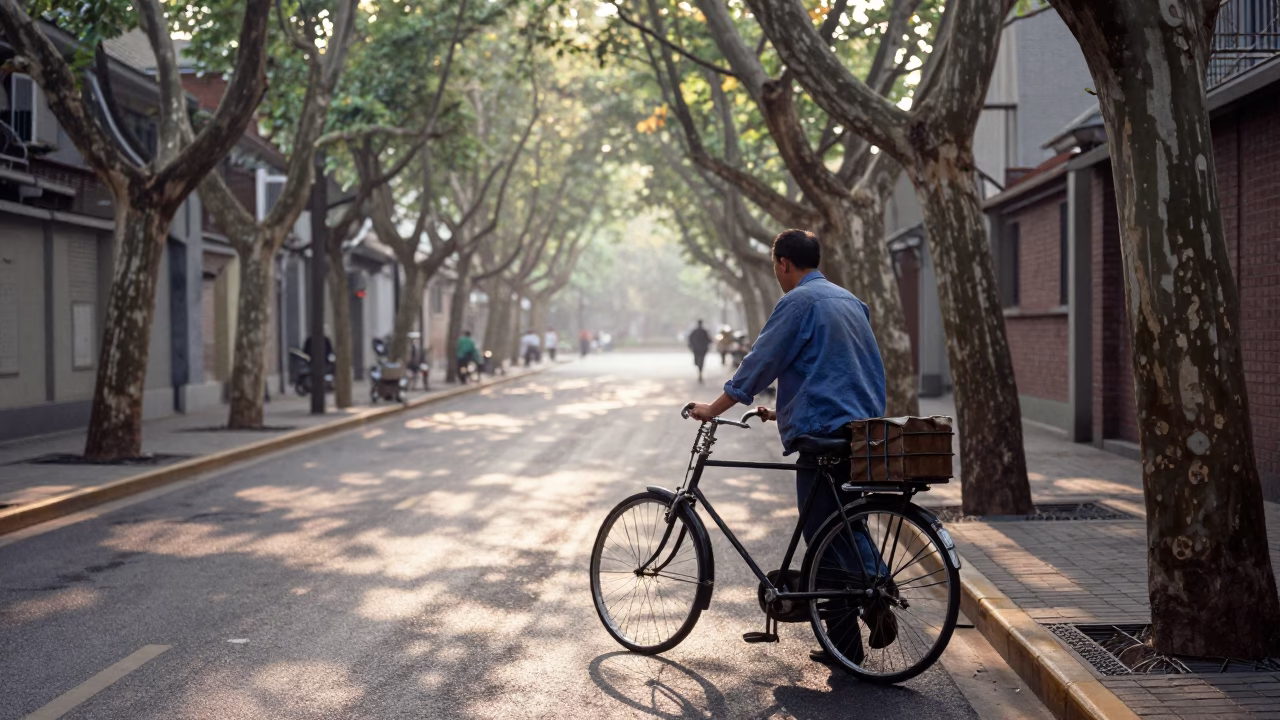 First light in Shanghai China street scene with vintage bicycle and morning market in in Shanghai, China