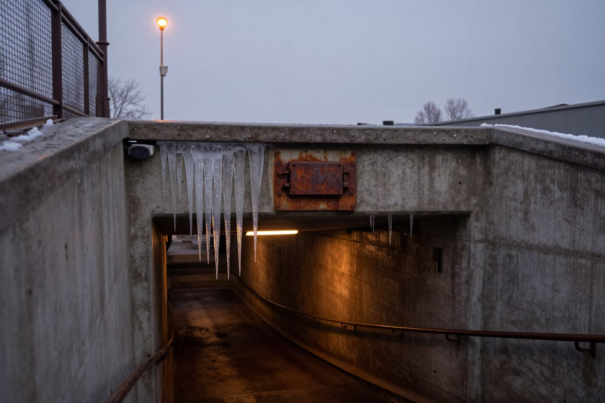 First Light in Stockholm Sweden Reveals Rusty Latch and Tunnel Portal with Icicles in in Stockholm, Sweden