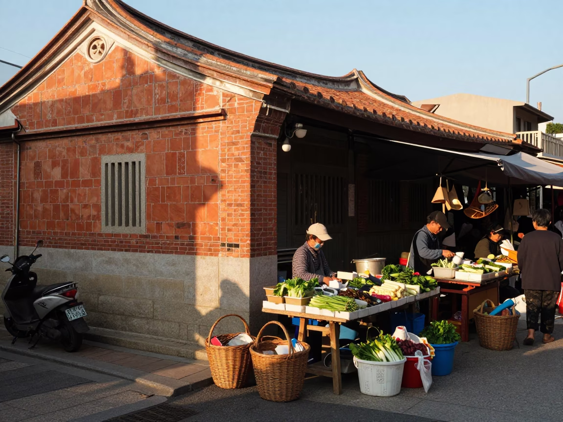 First Light in Tainan Street Market with Wicker Basket and Hibiscus Flower in in Tainan, Taiwan