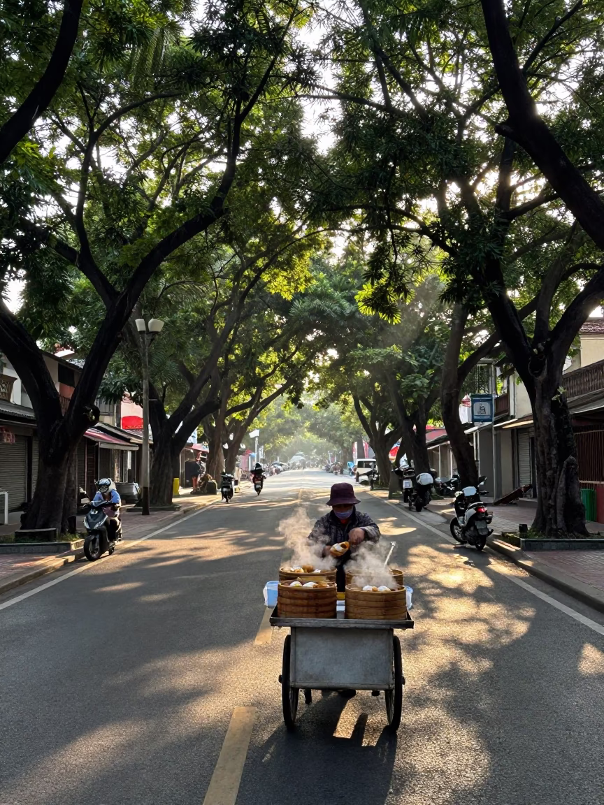 First light in Tainan Taiwan revealing street level details and daily life in in Tainan, Taiwan