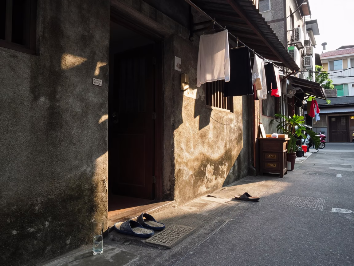 First light in Taipei Taiwan street scene with slippers and glass vase in in Taipei, Taiwan