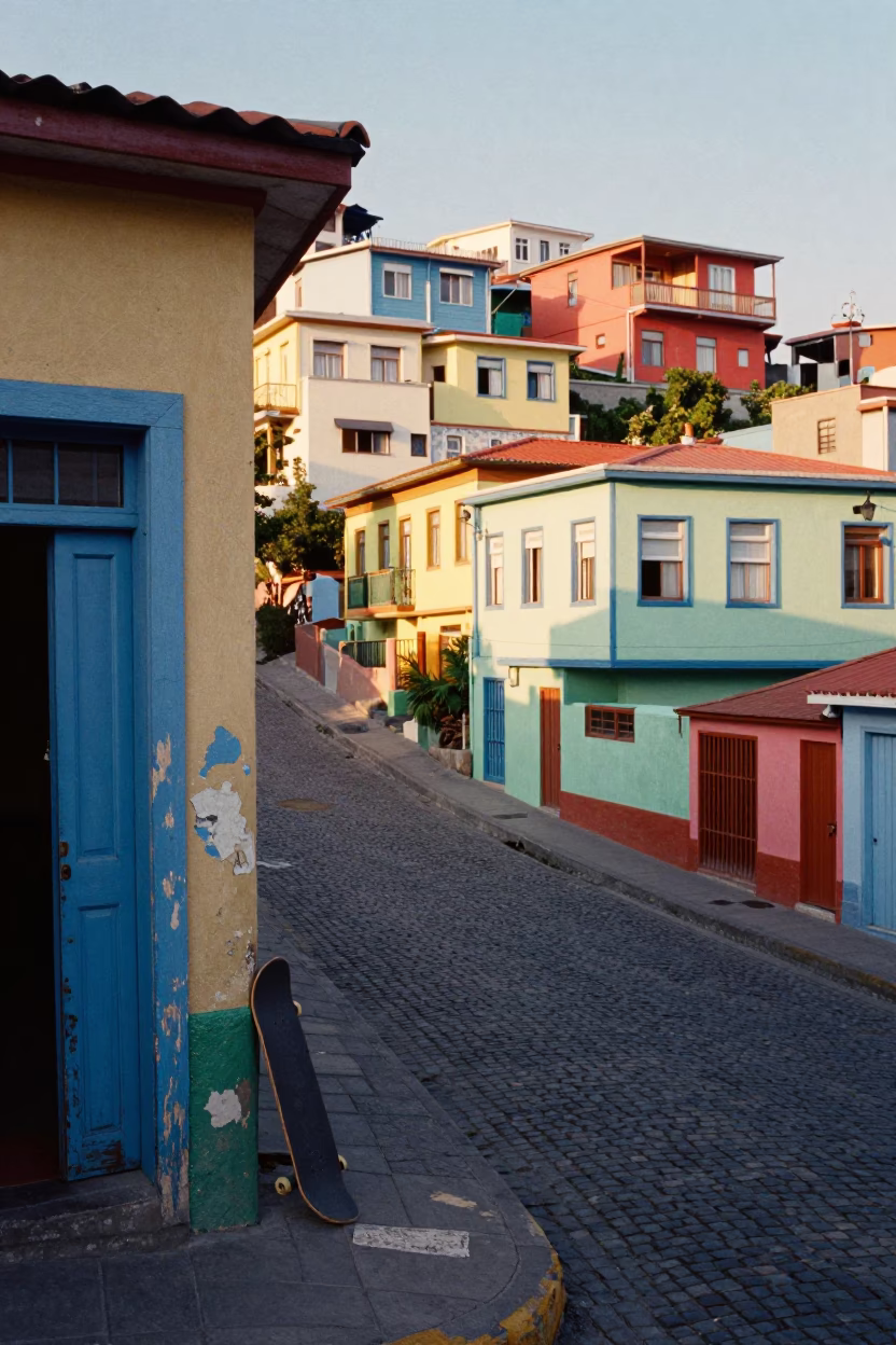 First Light in Valparaiso Chile Street Scene with Skateboard and Colorful Architecture in in Valparaiso, Chile