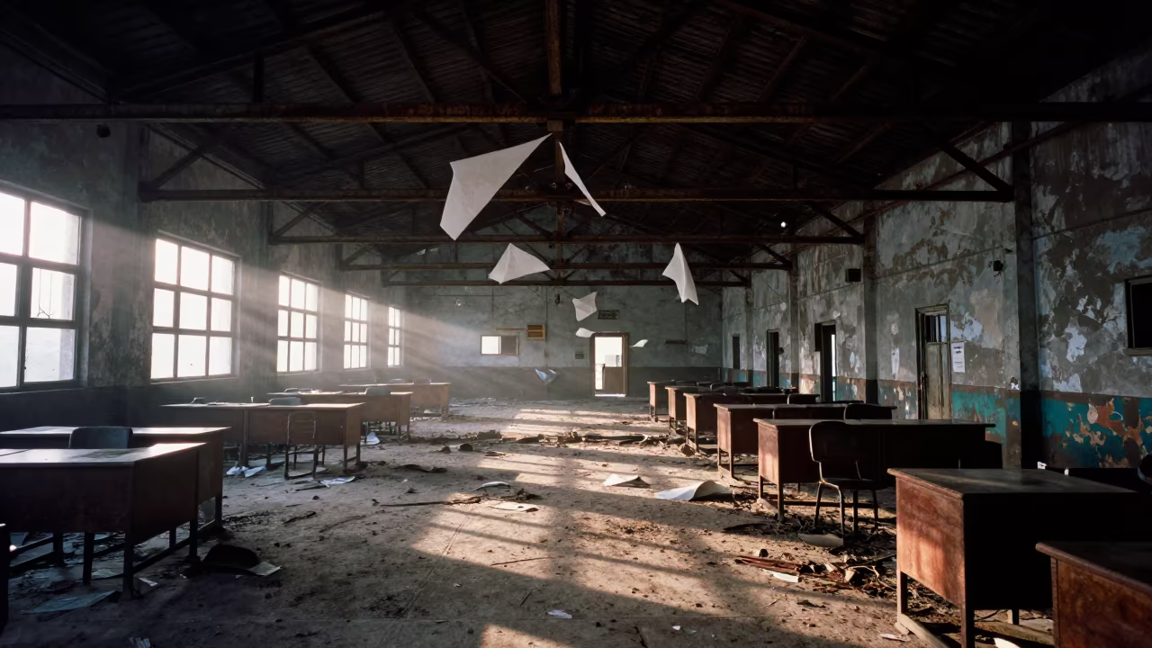 First Light in Karachi Paper Mill Ruin in inside a roofless nave near Karachi